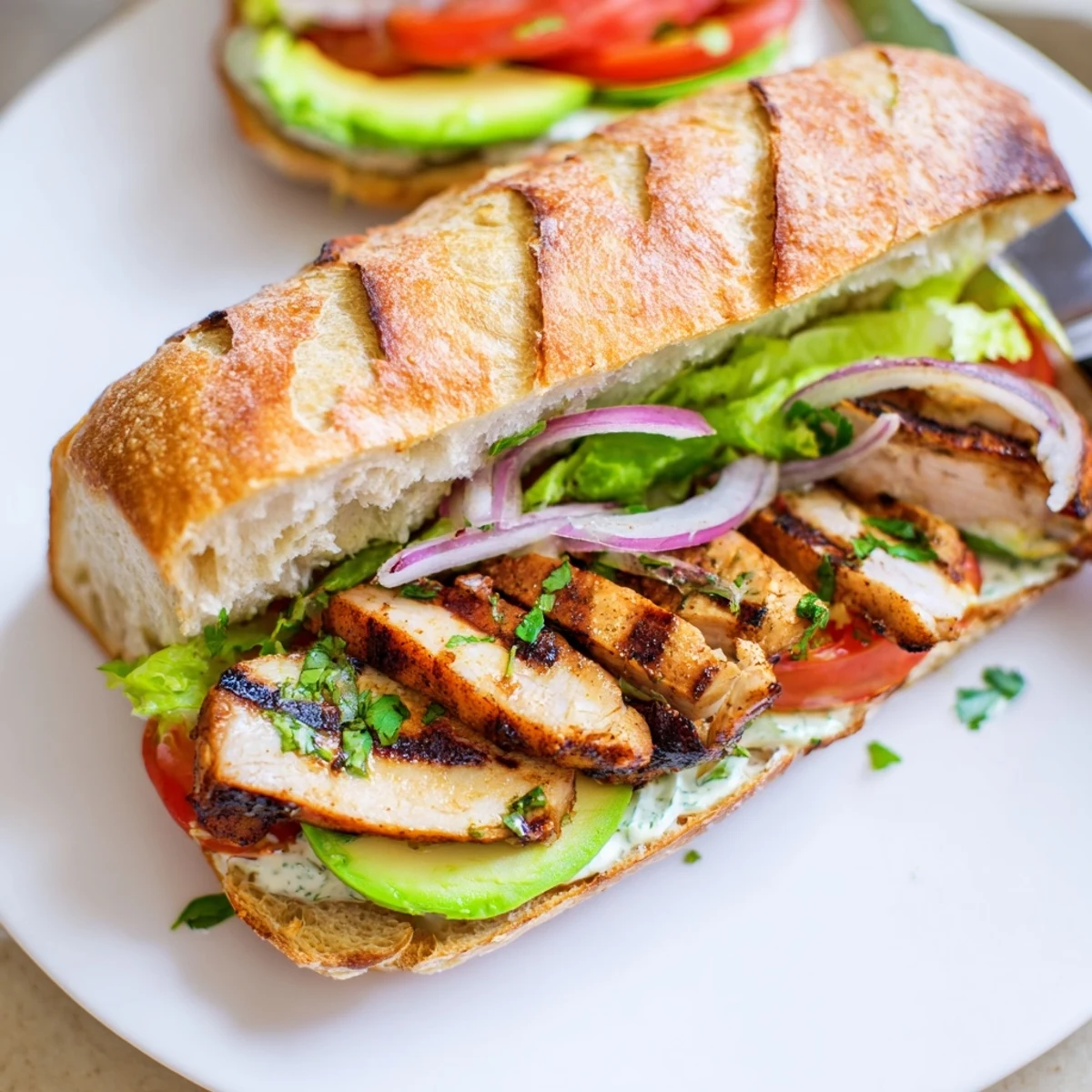 Picnic-ready Chipotle Grilled Chicken With Avocado Sandwich sliced, charred grill marks visible