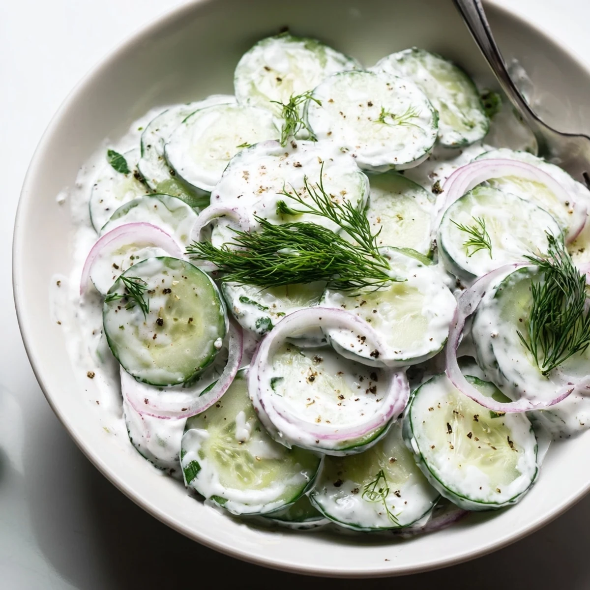 Refreshing Greek Yogurt Cucumber Salad tossed with dill, lemon, garlic, chilled