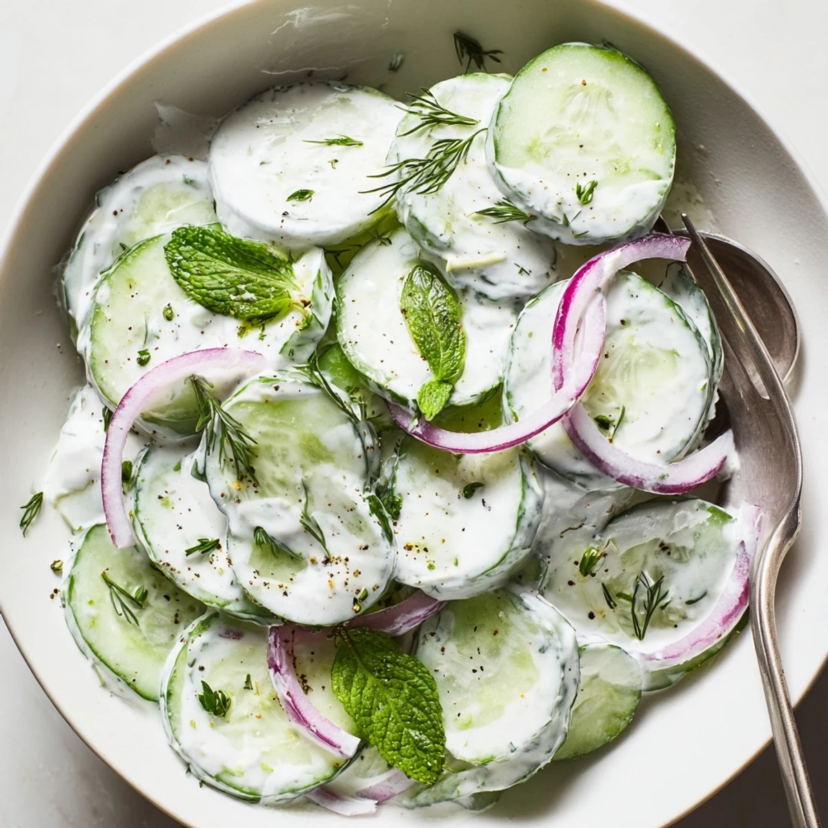Greek Yogurt Cucumber Salad with dill, creamy dressing, chilled and ready to serve