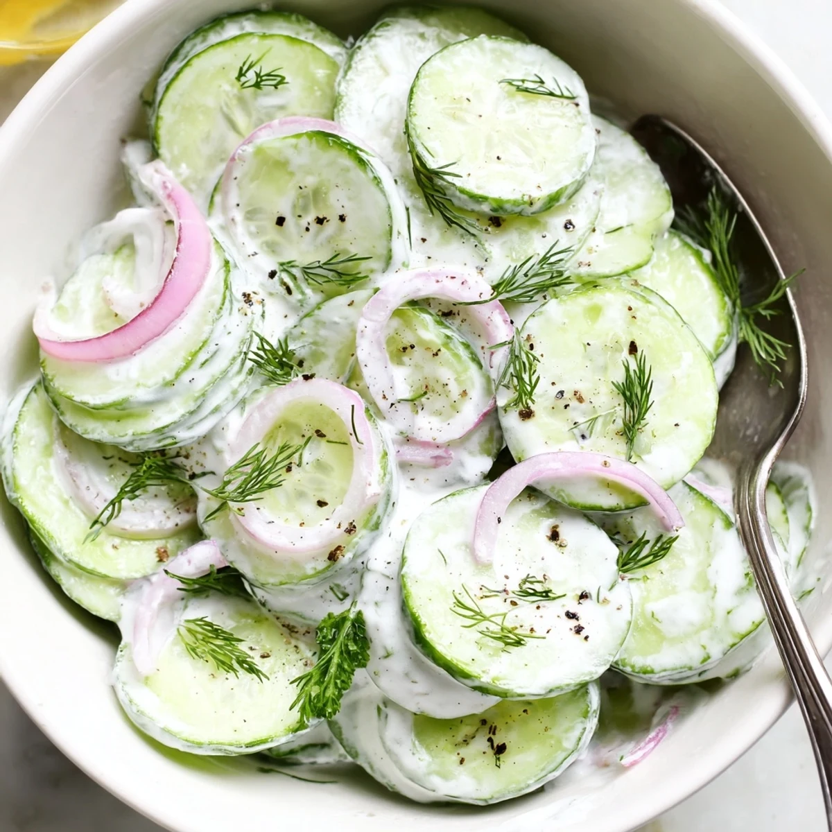 Greek Yogurt Cucumber Salad garnished with mint, cool, tangy, perfect with grilled gyros