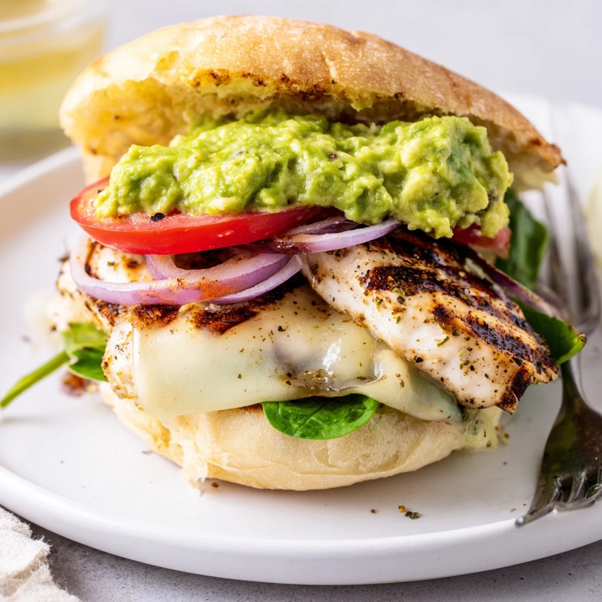 Toasted roll holds Grilled Chicken Avocado Sandwich Recipe, crisp tomato and zesty mayo  