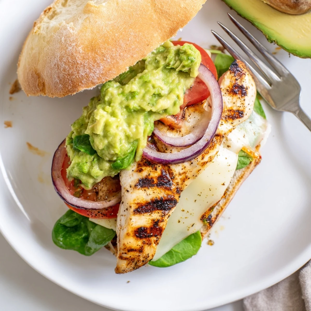 Fork-ready Grilled Chicken Avocado Sandwich Recipe served warm with fresh spinach and lime
