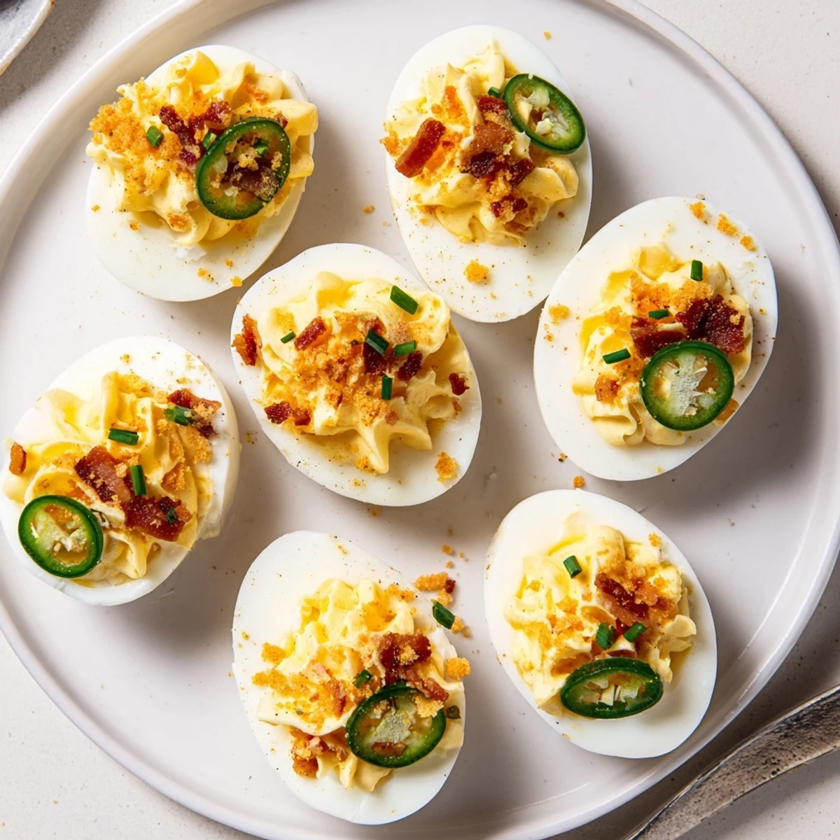 Chilled Jalapeno Popper Deviled Eggs Recipe served on platter, tangy and spicy