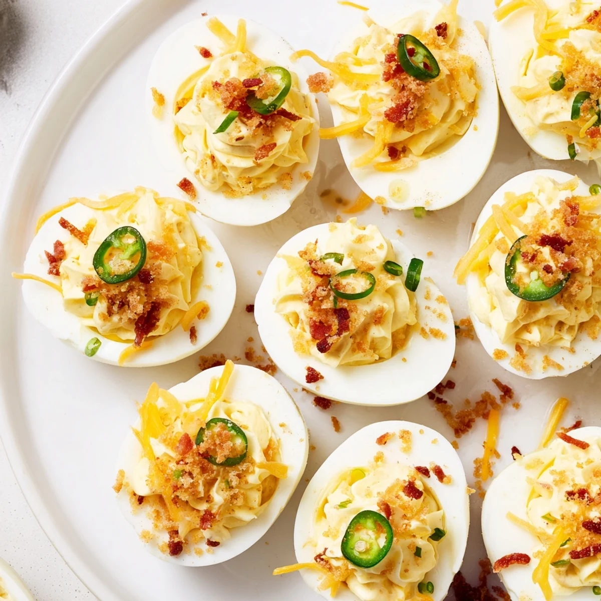Bite-sized Jalapeno Popper Deviled Eggs Recipe topped with melted cheddar and chives