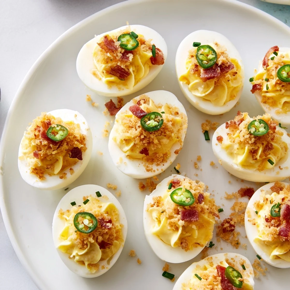 Jalapeno Popper Deviled Eggs Recipe: creamy yolk filling with crispy bacon garnish