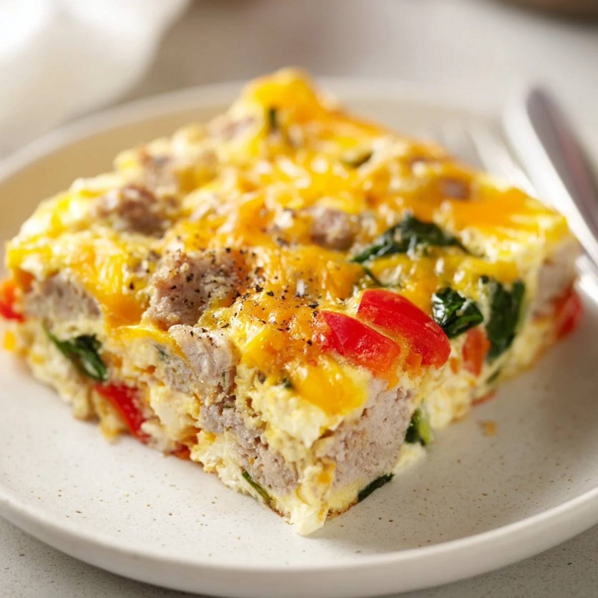 Sliced High Protein Egg Casserole Recipe studded with turkey, melted cheddar