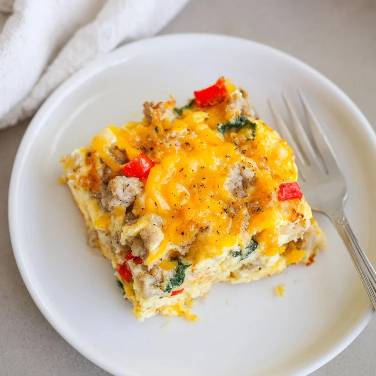 High Protein Egg Casserole Recipe served warm alongside fresh fruit and greens