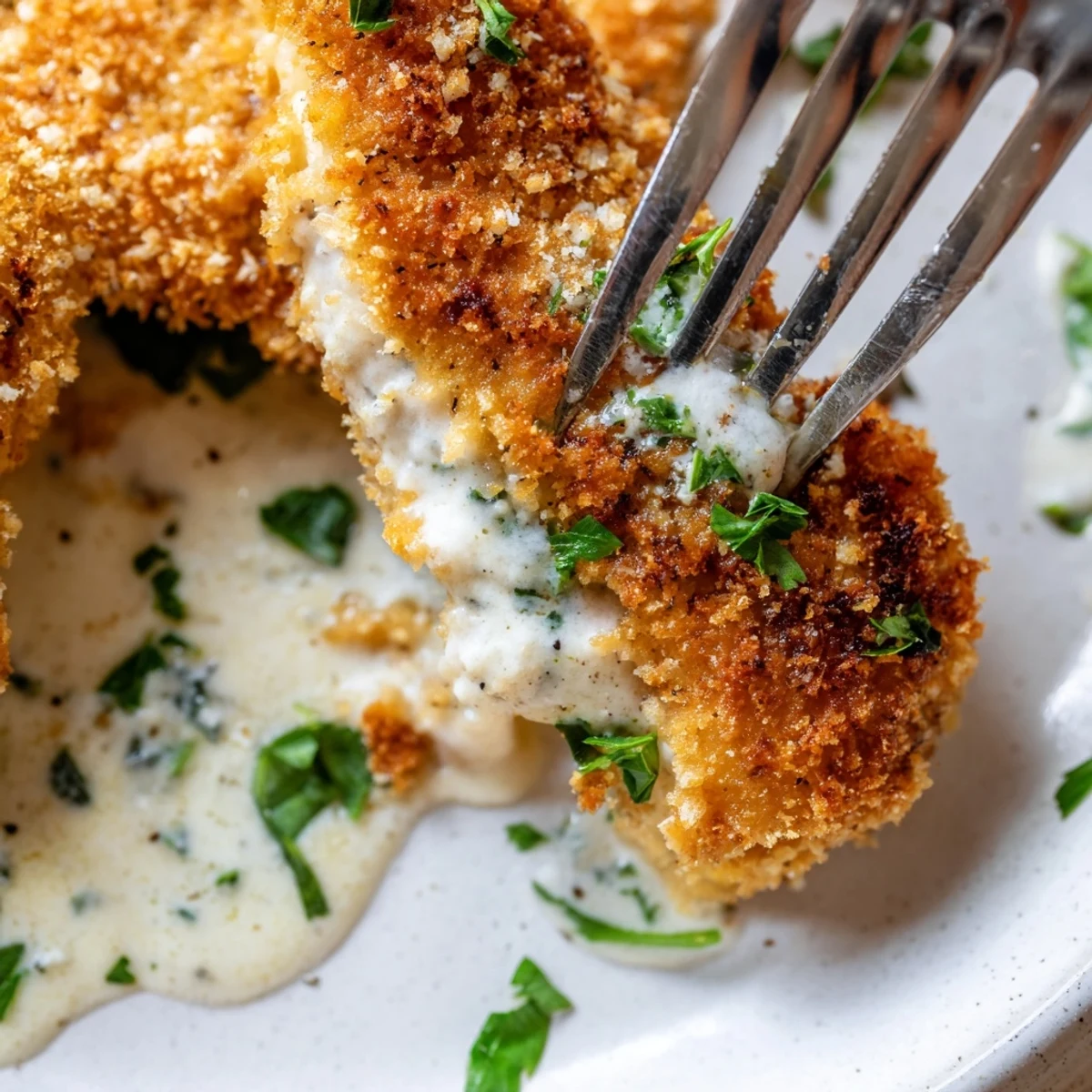 Crispy Chicken Creamy Sauce Recipe: golden breaded breasts topped with silky sauce