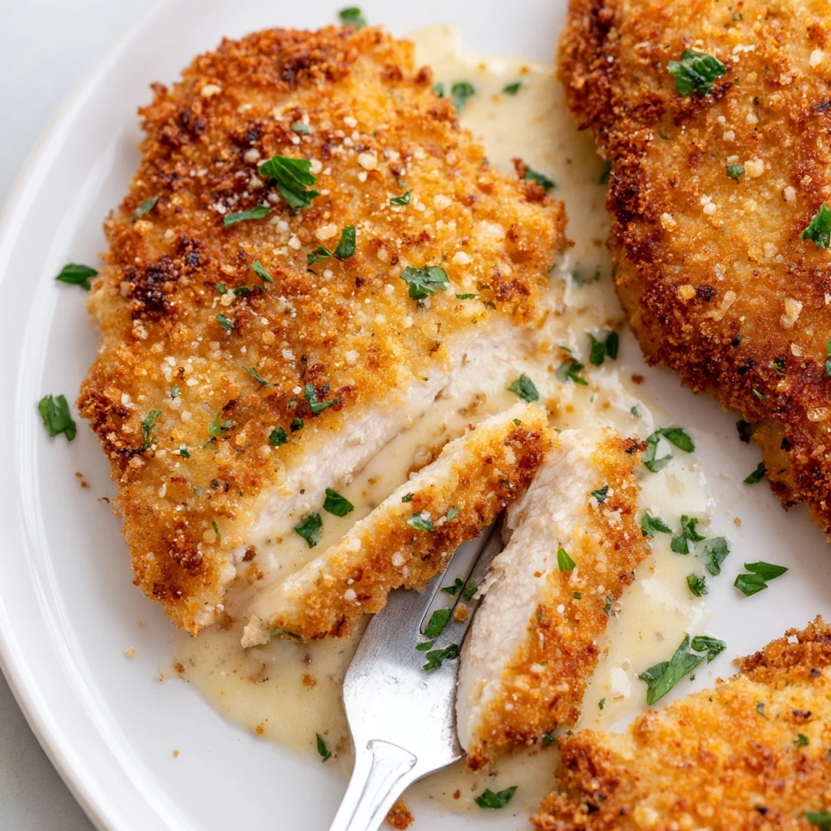 Warm Crispy Chicken Creamy Sauce Recipe plated with mashed potatoes and parsley
