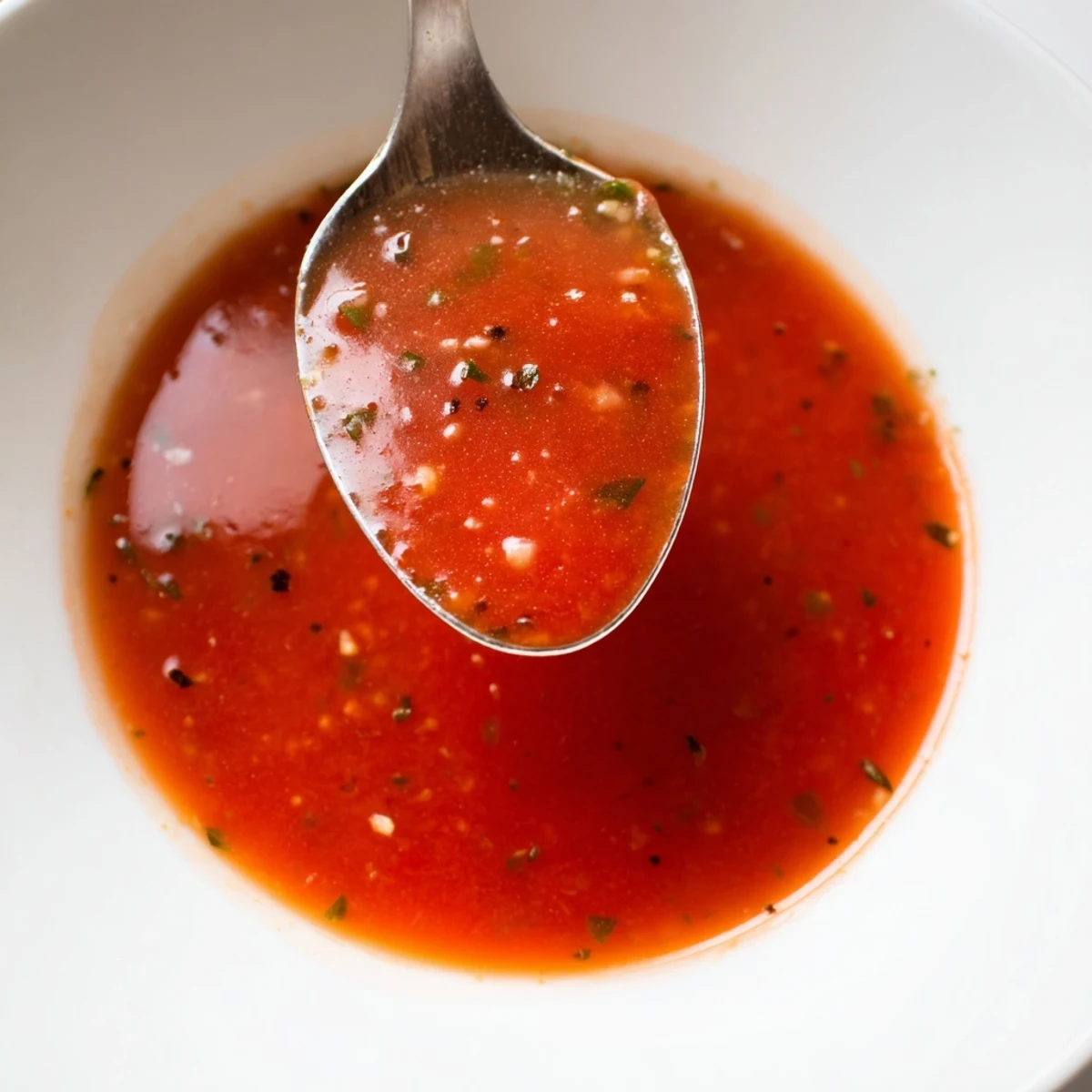 Fresh Tomato Basil Vinaigrette in blender, bright tomato aroma, silky texture