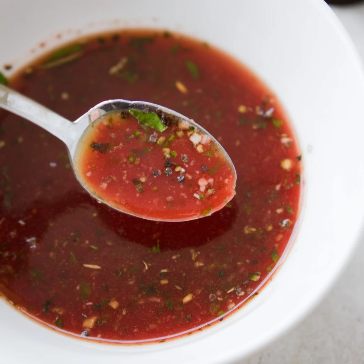 Chilled Tomato Basil Vinaigrette spooned over mixed greens, aromatic basil punch