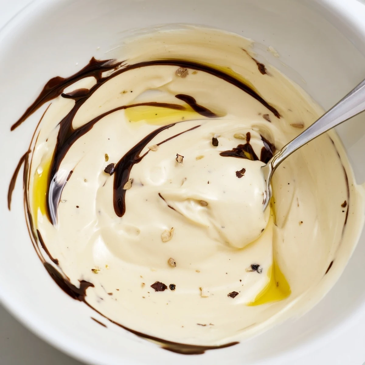 Creamy Balsamic Vinaigrette drizzled over mixed greens, glossy and tangy sheen