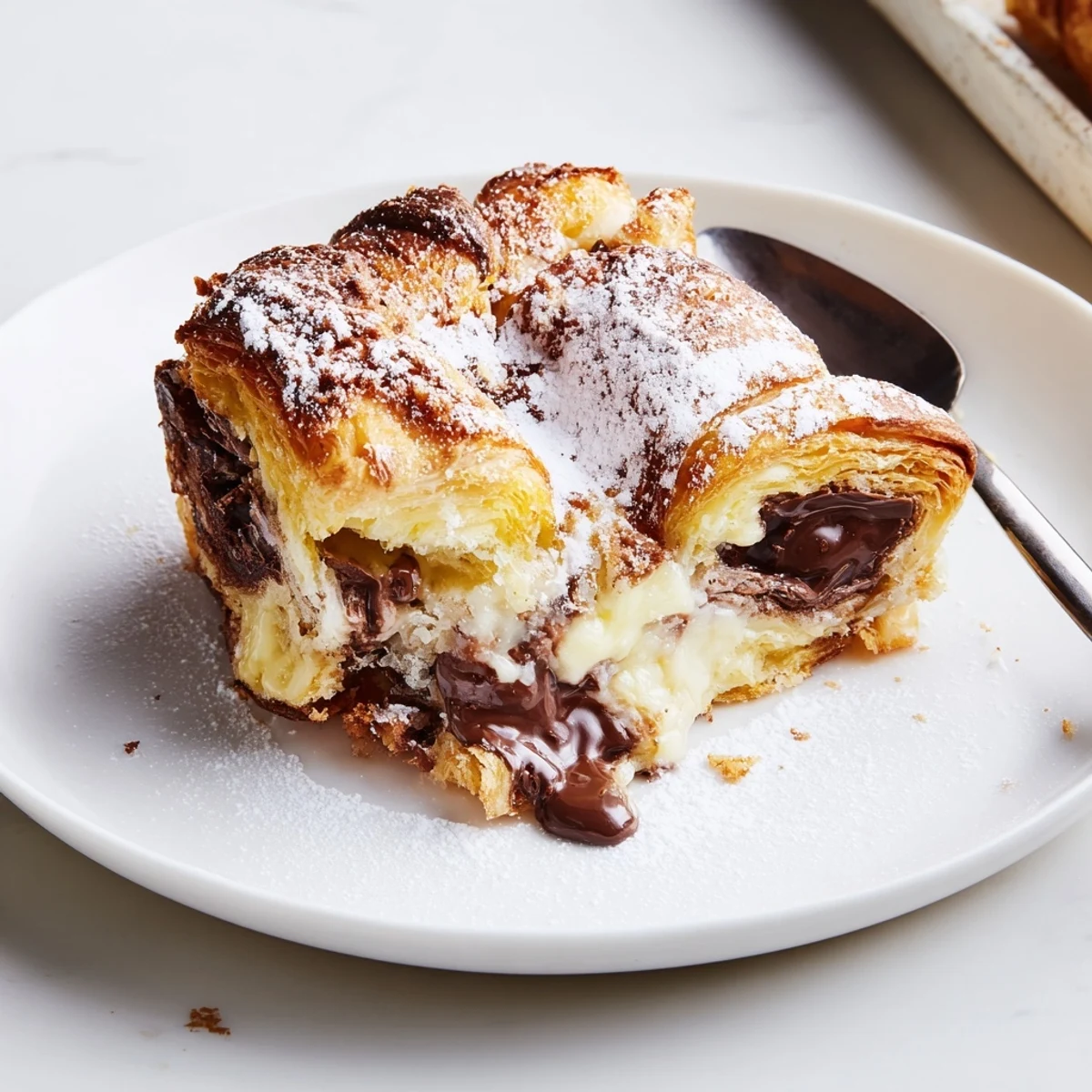 Warm Chocolate Croissant Breakfast Bake bubbling with melted chocolate, golden flaky croissants