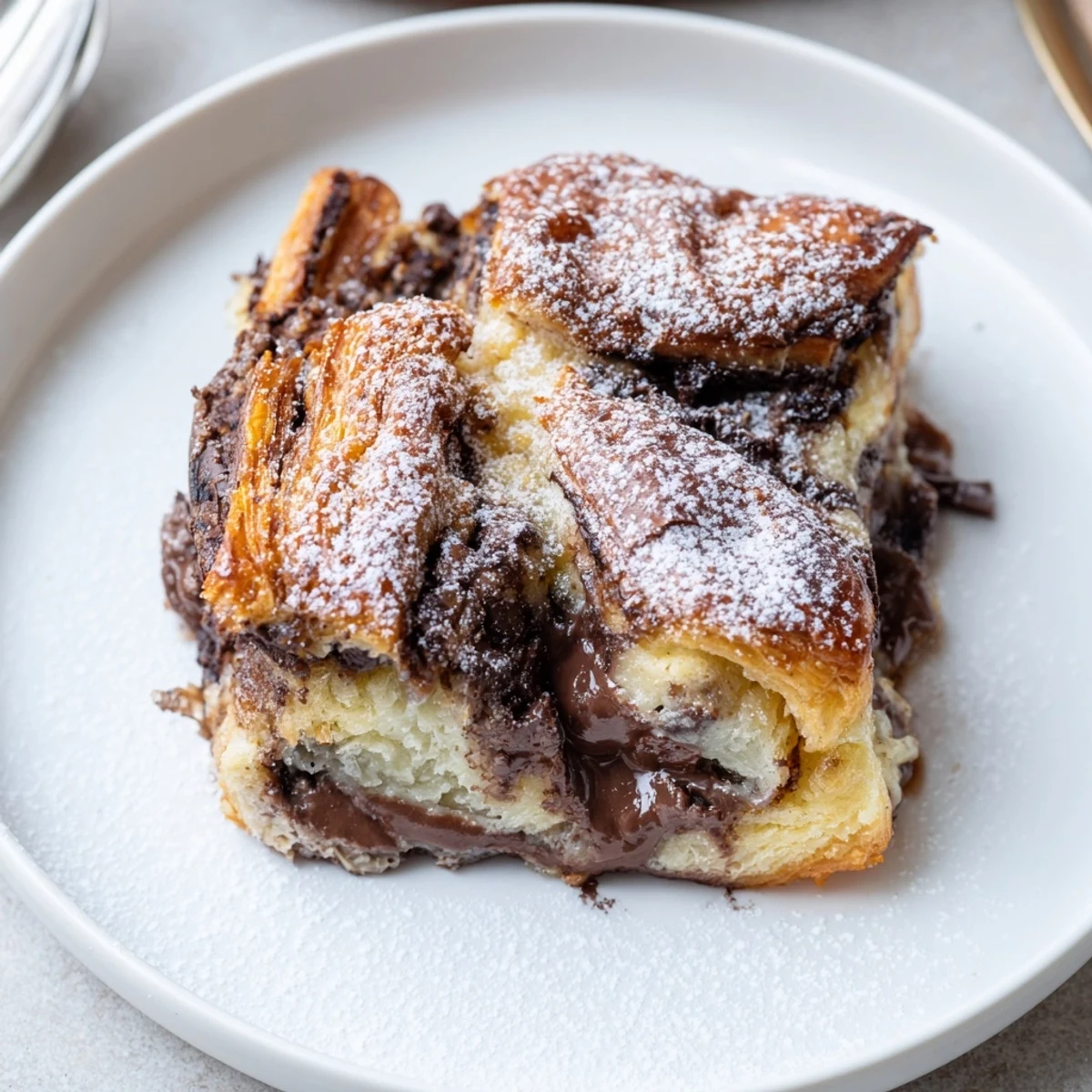 Slice of Chocolate Croissant Breakfast Bake served warm with whipped cream and berries