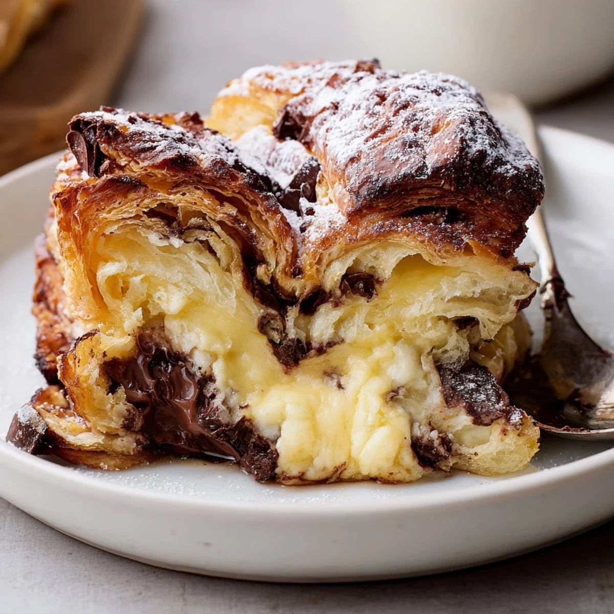 Overhead shot of Chocolate Croissant Breakfast Bake dusted with powdered sugar, steam rising