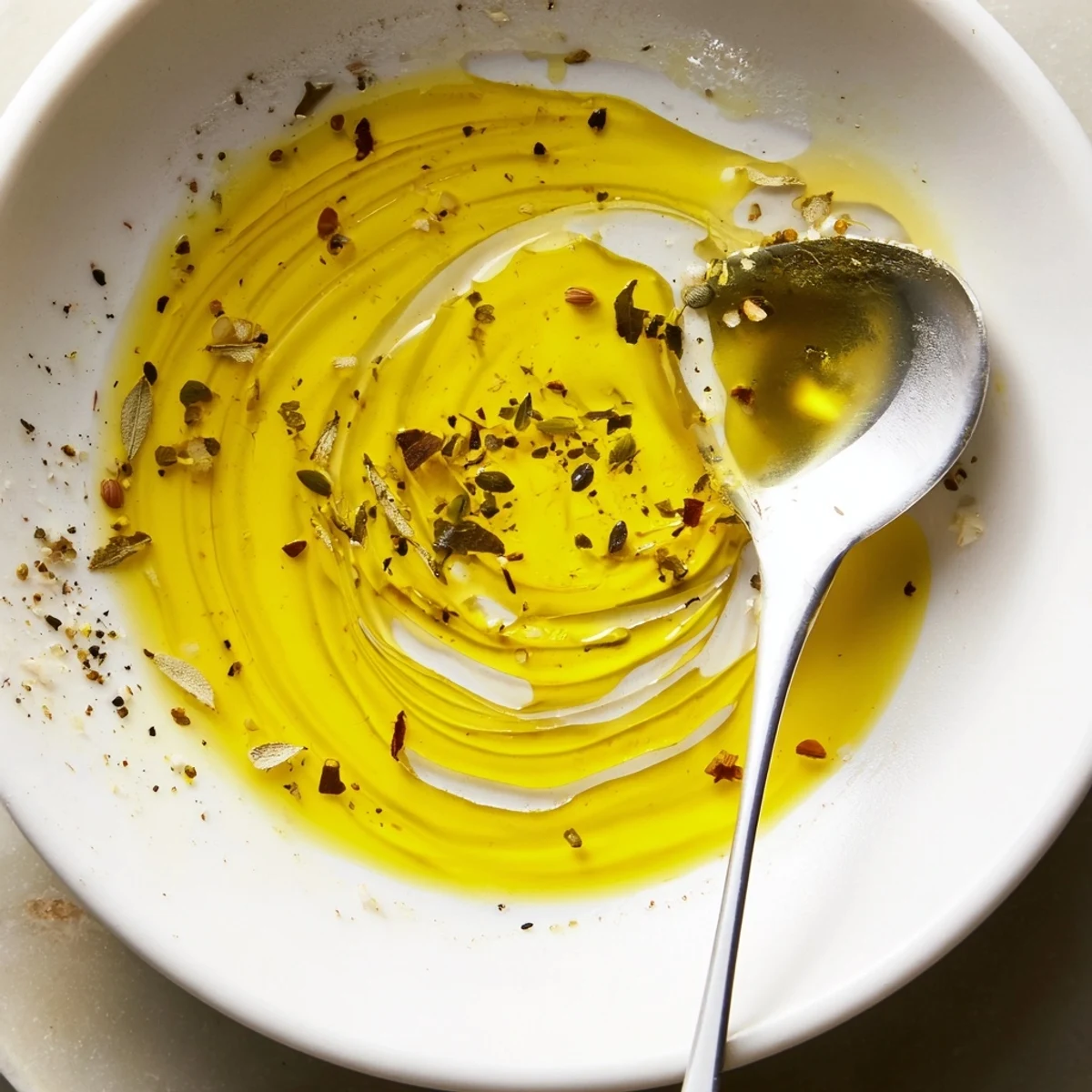 Bright, zesty Greek Dressing With Red Wine Vinegar And Dijon drizzled over salad
