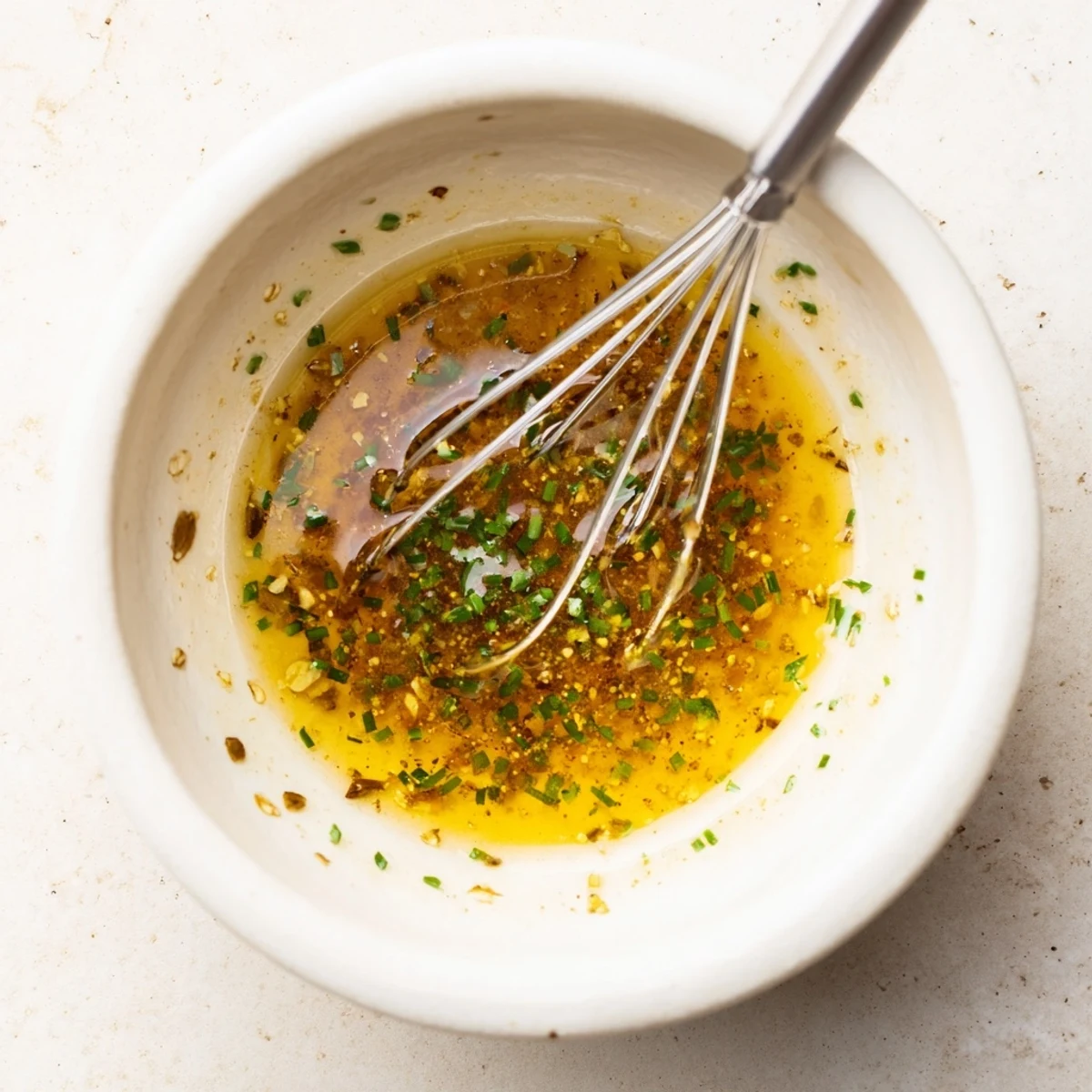 Glossy tangy Vinaigrette drizzled over crisp mixed greens, flecked with herbs