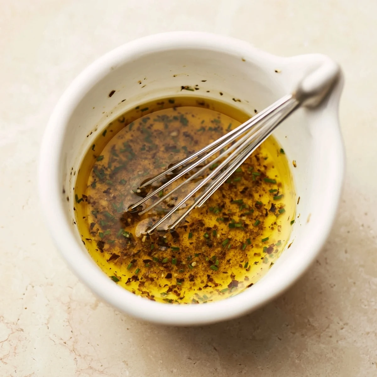 Small bowl of emulsified Vinaigrette with Dijon mustard and minced garlic