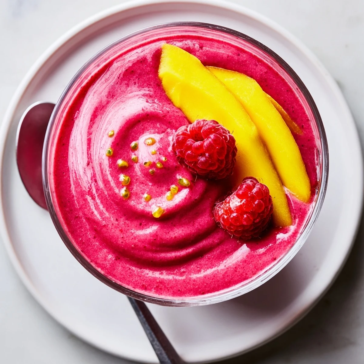 Vibrant Raspberry Mango Smoothie poured into tall glass, creamy and tangy.