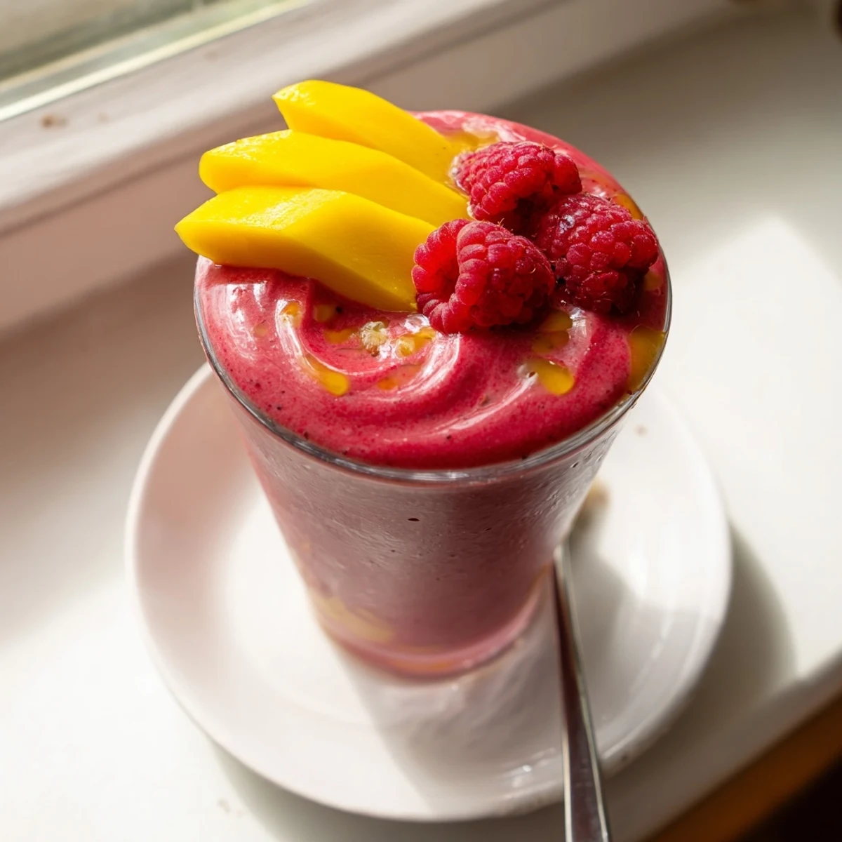 A Vibrant Raspberry Mango Smoothie served with lime wedge, bright and zesty.
