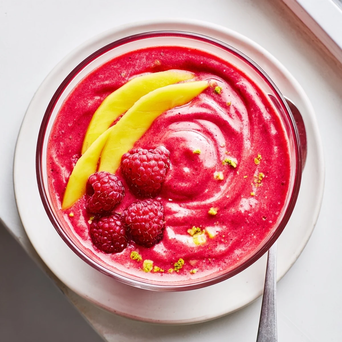 Chilled Vibrant Raspberry Mango Smoothie topped with sliced mango and chia.