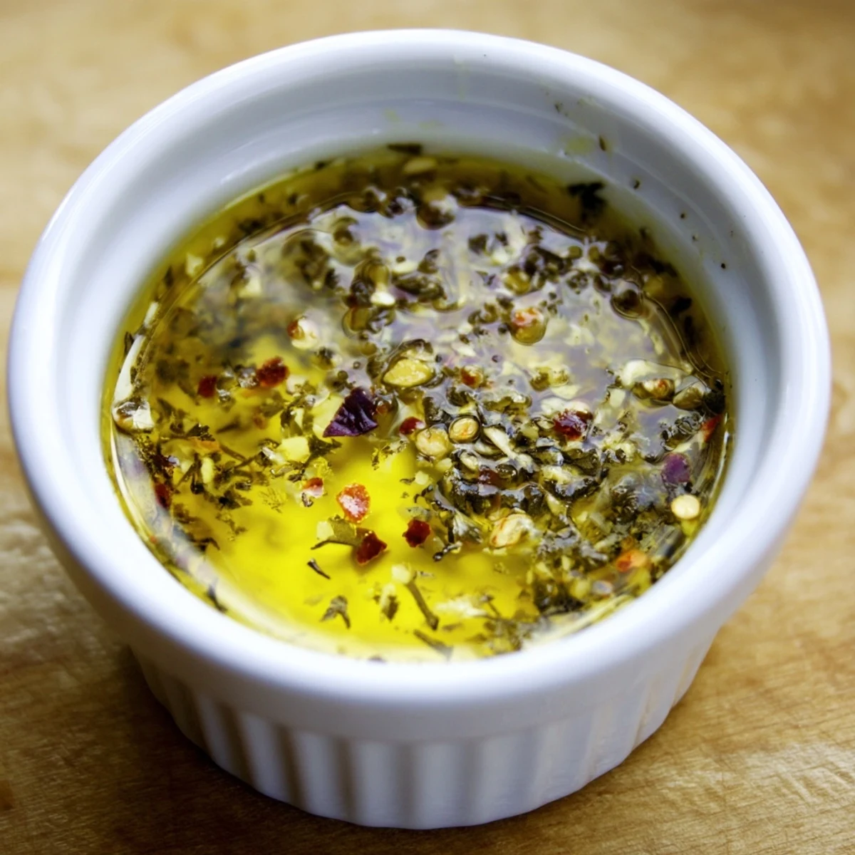 Italian Vinaigrette glistening over mixed greens with garlic and oregano aroma