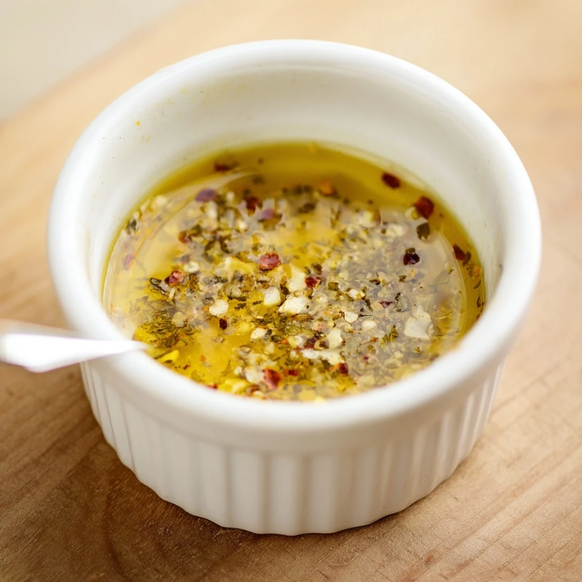 Silky sheen Italian Vinaigrette coating grilled vegetables, hint of crushed red pepper