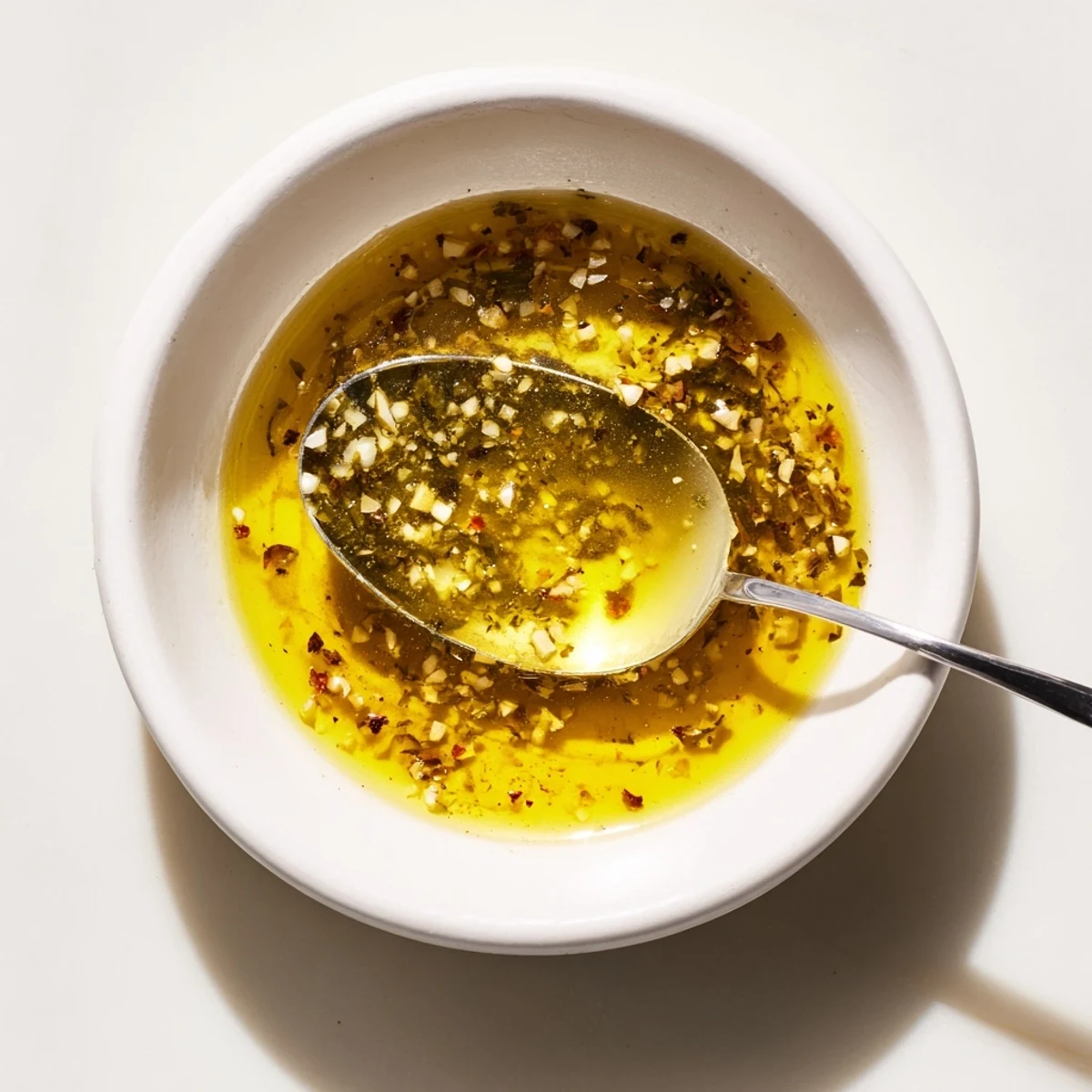 Small bottle of Italian Vinaigrette beside roasted vegetables, tangy herb-speckled dressing