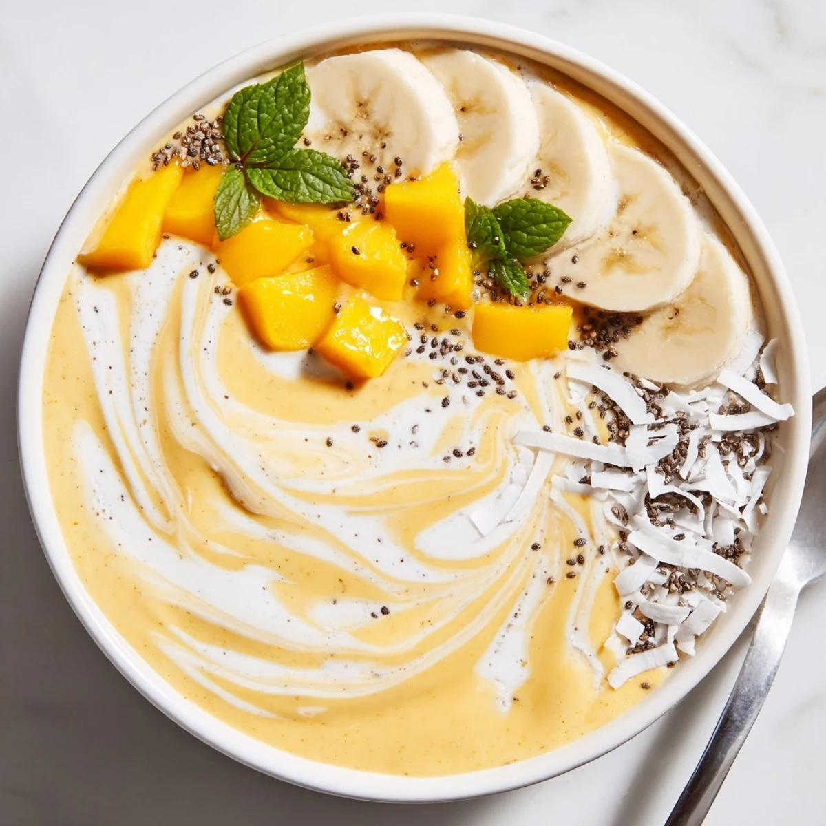Iced Mango Lassi Smoothie Bowl topped with diced mango, granola, fresh mint.