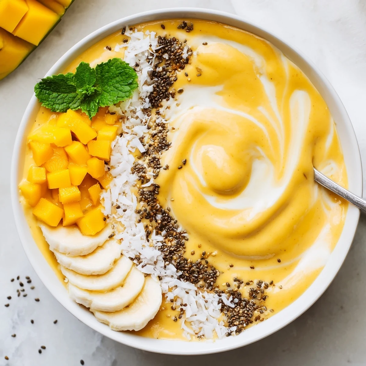 Iced Mango Lassi Smoothie Bowl creamy, chilled breakfast bowl garnished with chia seeds.