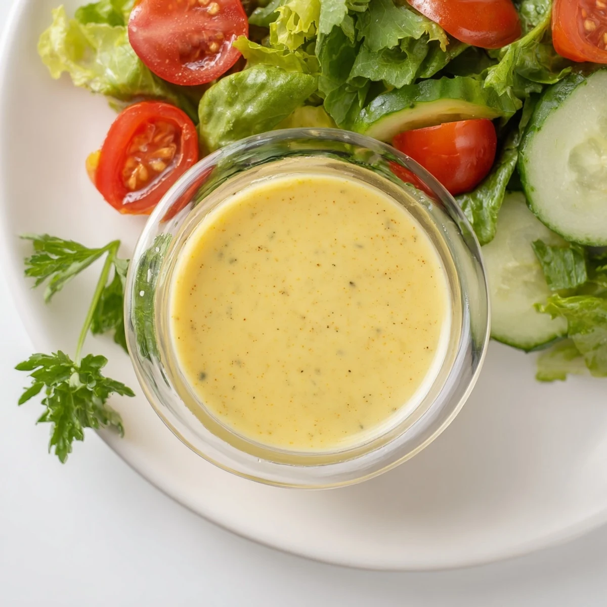 Golden homemade Ina Garten lemon vinaigrette drizzled over fresh mixed green salad
