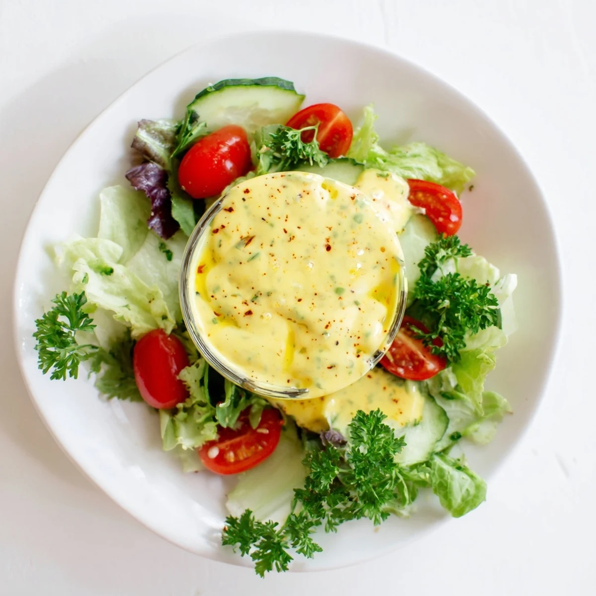 Creamy Ina Garten lemon vinaigrette in glass jar with fresh herbs and lemon wedges