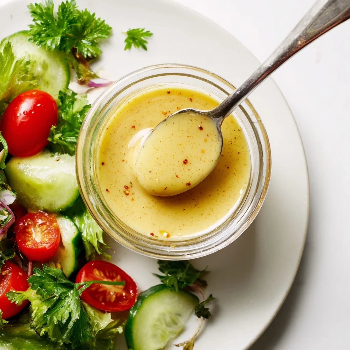 Ina Garten lemon vinaigrette whisked in measuring bowl with oil and dijon mustard emulsified