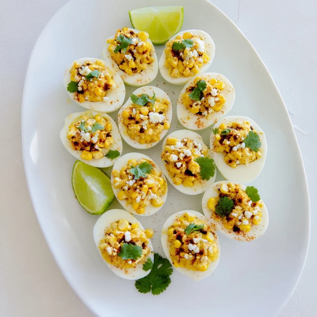 Creamy Mexican street corn deviled eggs topped with crumbled cotija cheese and fresh cilantro on a white platter