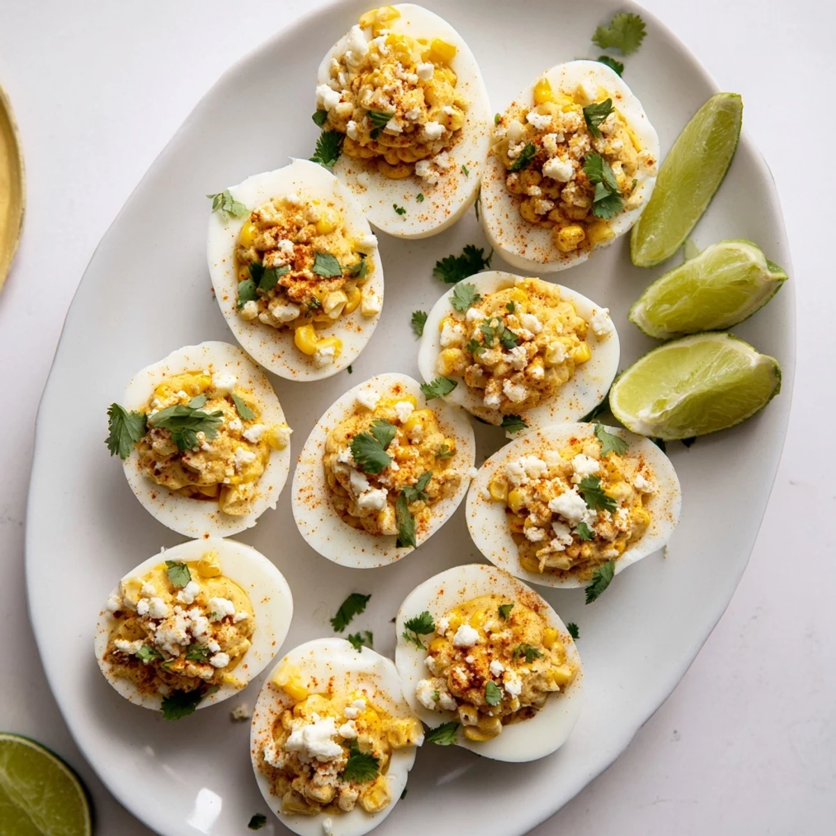 Zesty deviled eggs filled with charred corn and spices garnished with chili powder and lime wedges