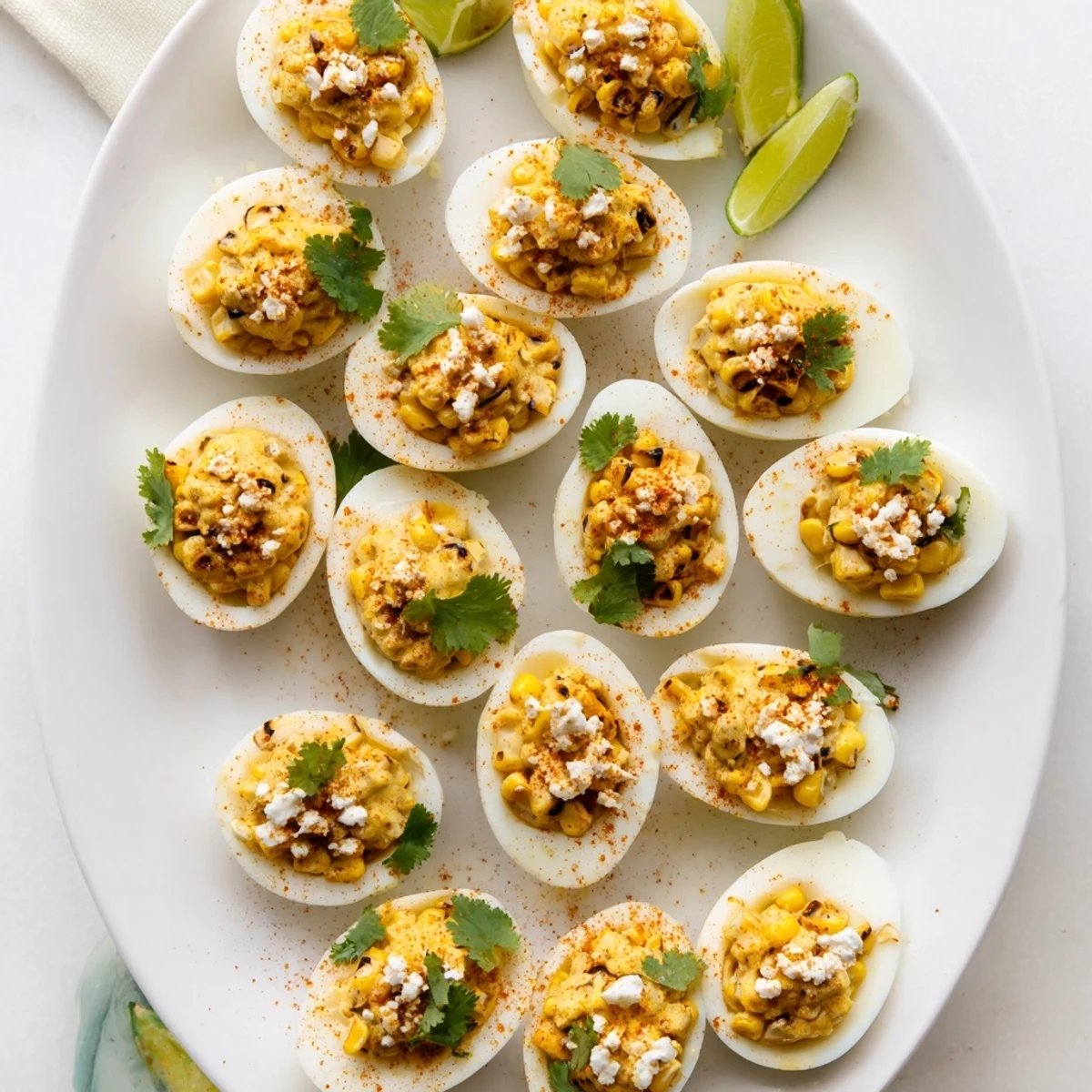 Golden egg halves filled with corn cotija mixture sprinkled with cilantro and chili powder on serving tray
