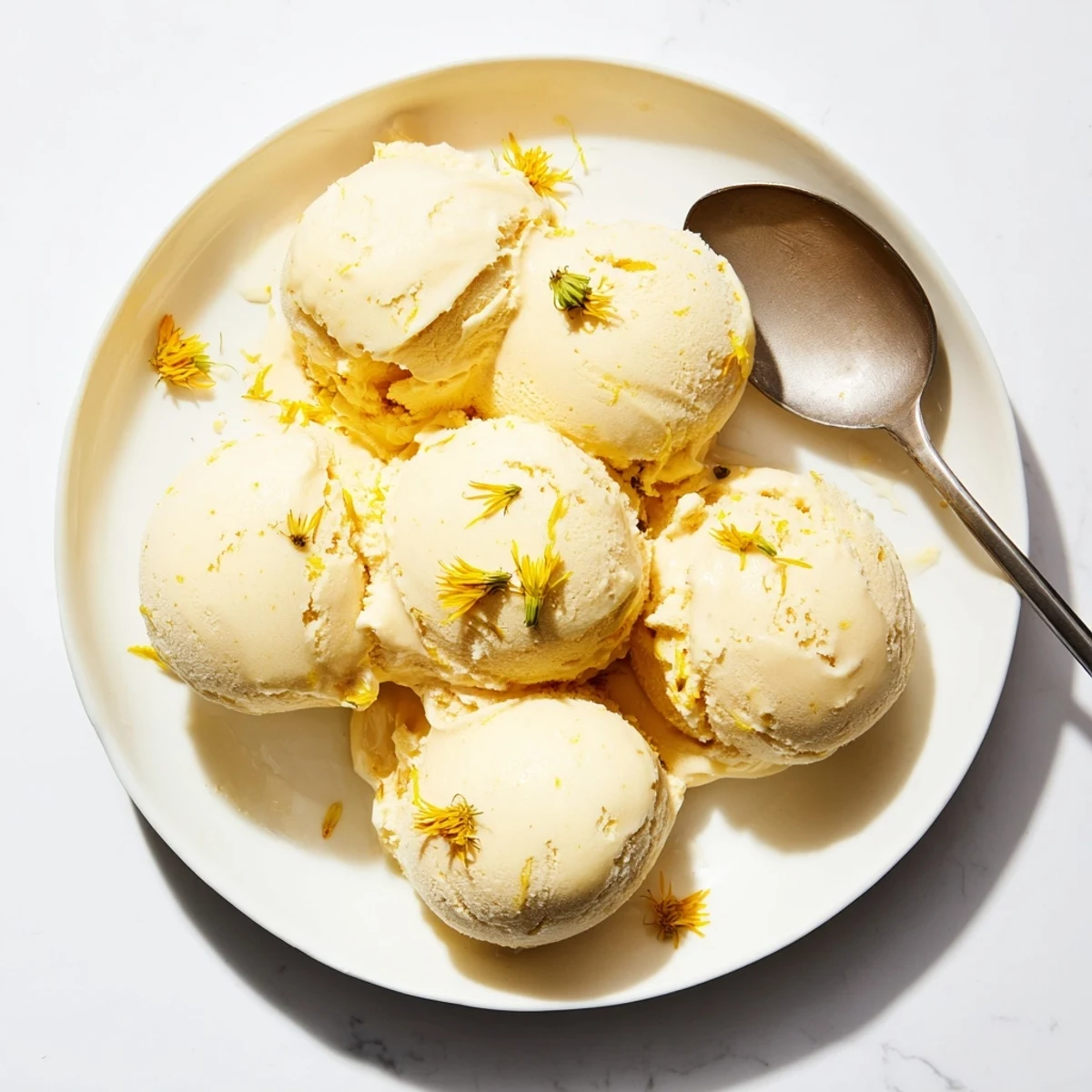 Creamy dandelion honey ice cream scooped into bowls topped with fresh edible flowers