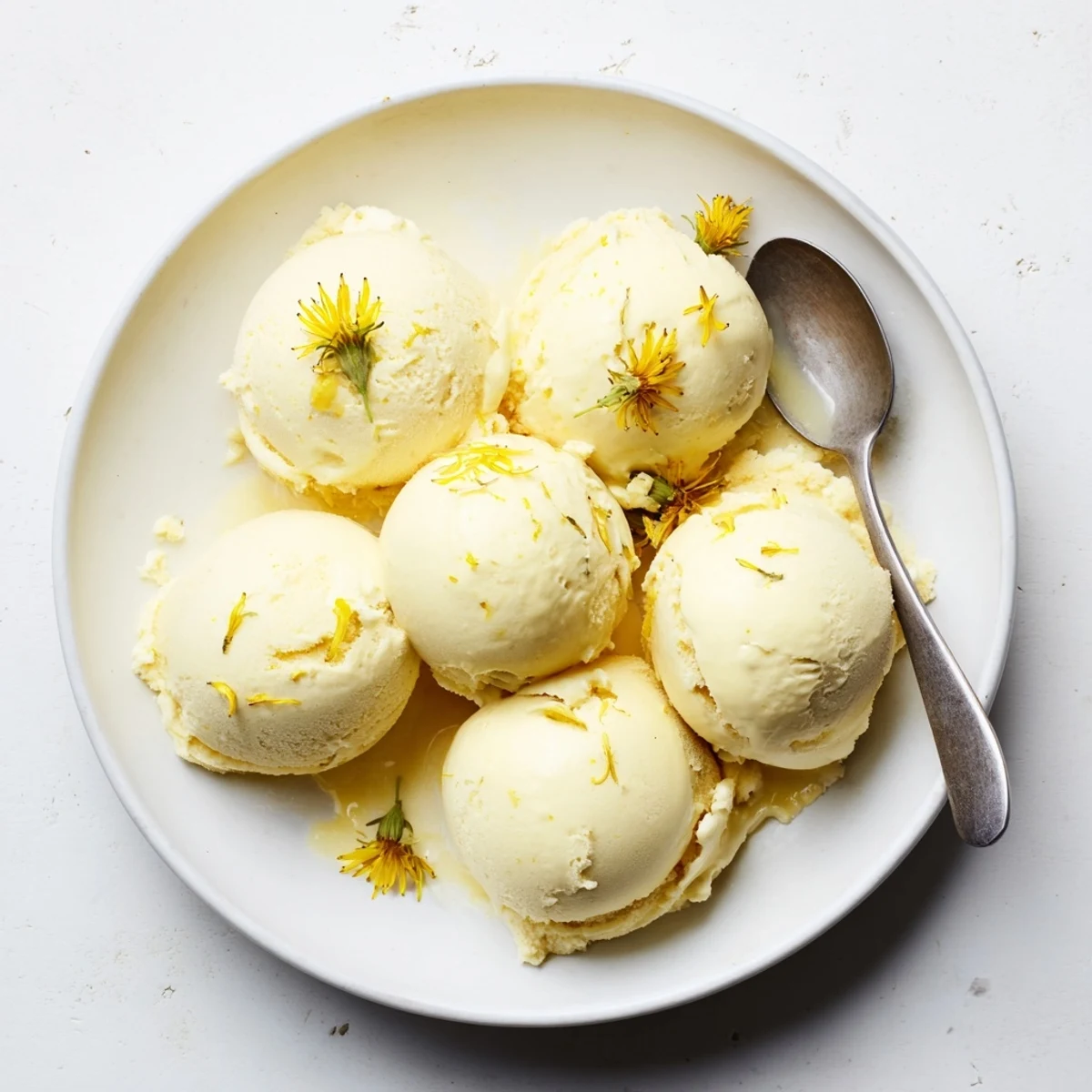 Golden scoops of floral dandelion honey ice cream melting in a vintage glass dish