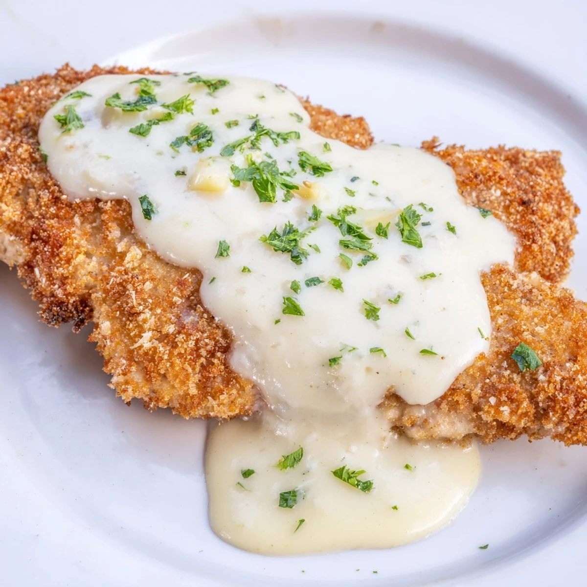 Golden crispy chicken breasts drizzled with rich velvety Parmesan creamy sauce on a white plate