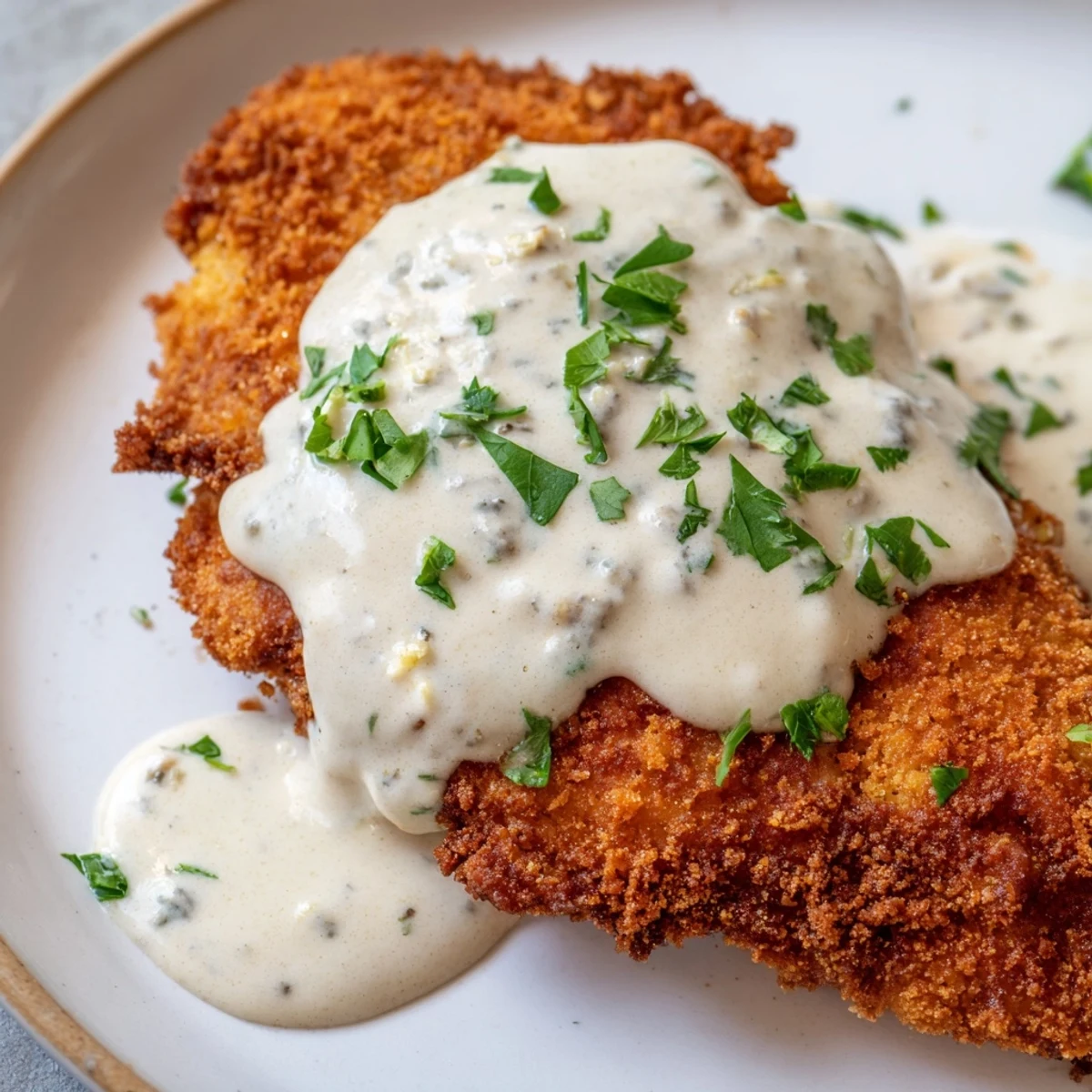Crispy coated chicken resting on serving plate finished with thick white creamy sauce and green garnish