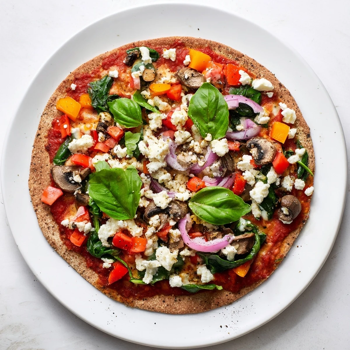 Golden whole wheat pita pizza topped with colorful vegetables and melted mozzarella cheese