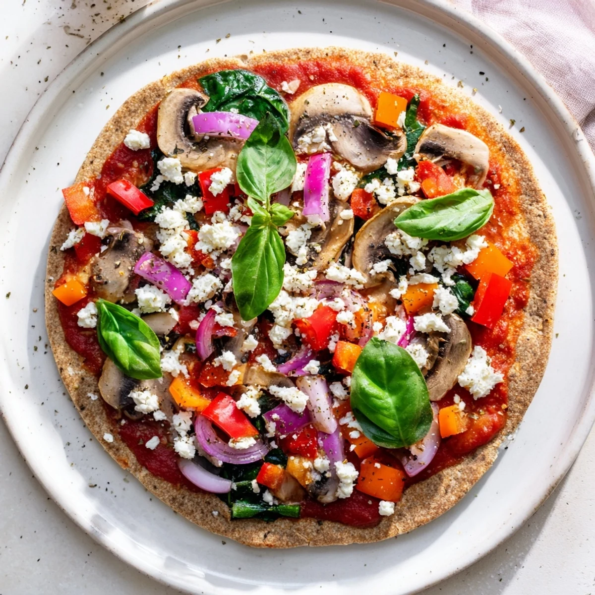 Mediterranean style pita pizza featuring crisp vegetables and light shredded cheese topping