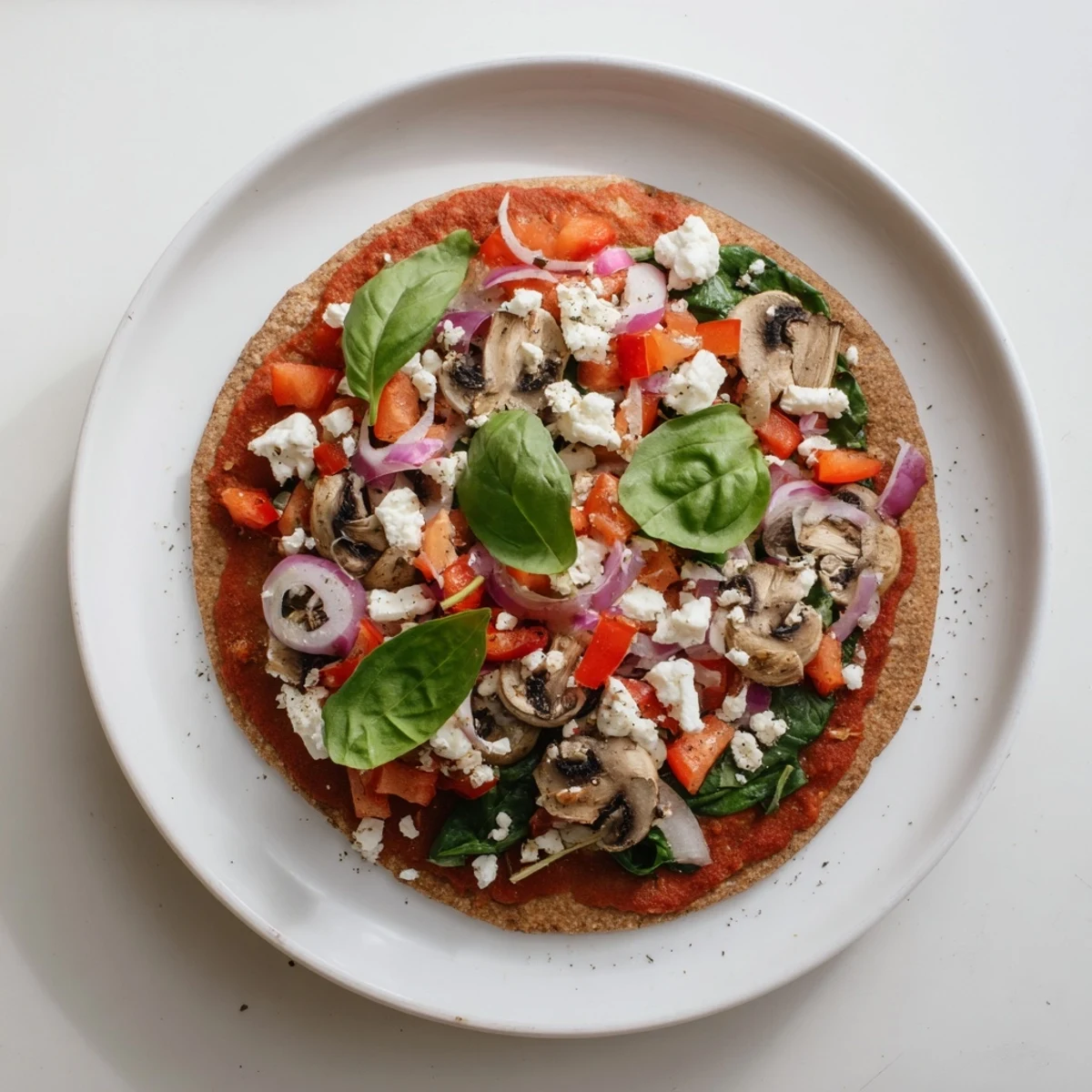 Heart-healthy low cholesterol pita pizza baked with fresh bell peppers and tomatoes