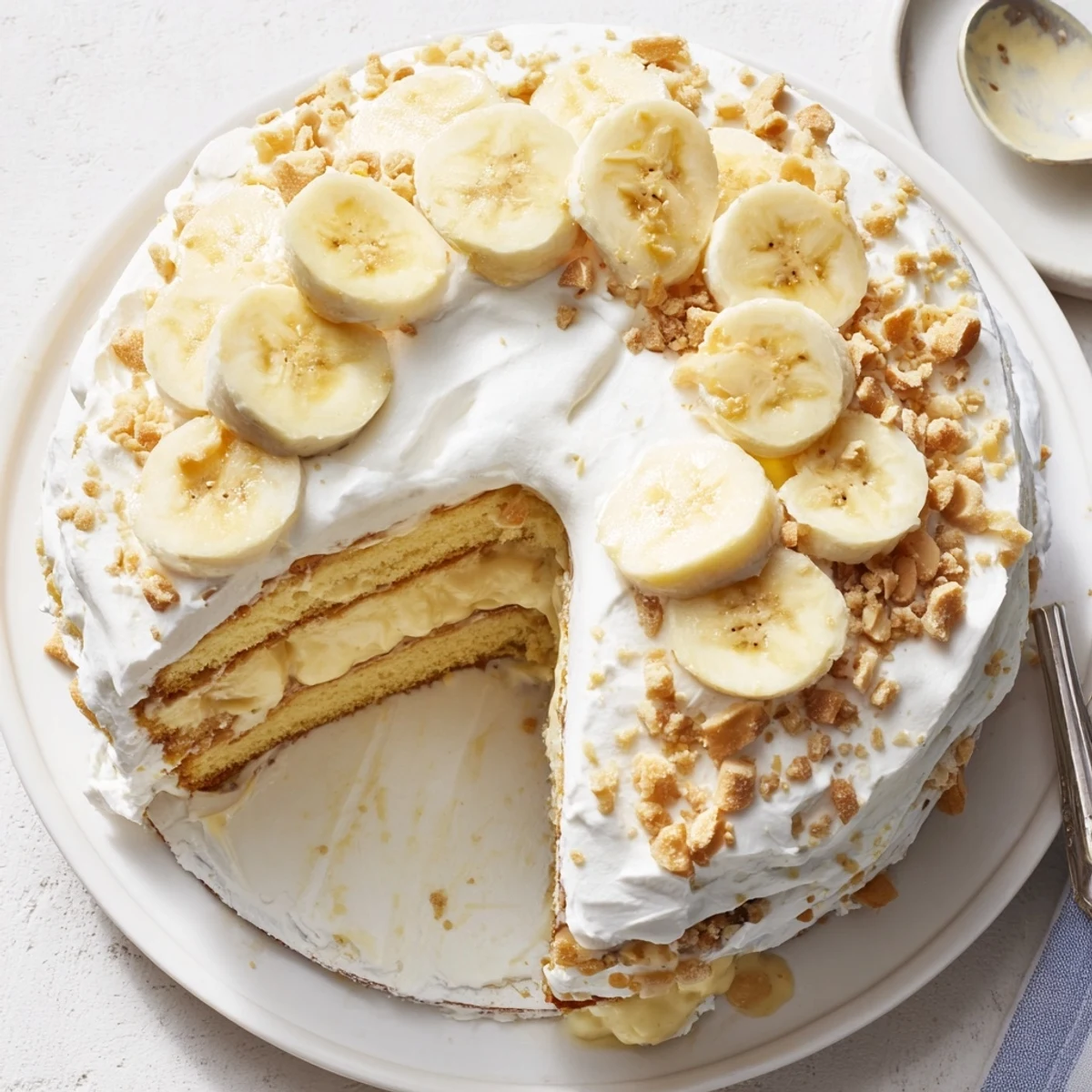 Southern-style banana pudding cake recipe showing moist yellow cake stacked between whipped cream and crushed vanilla wafers