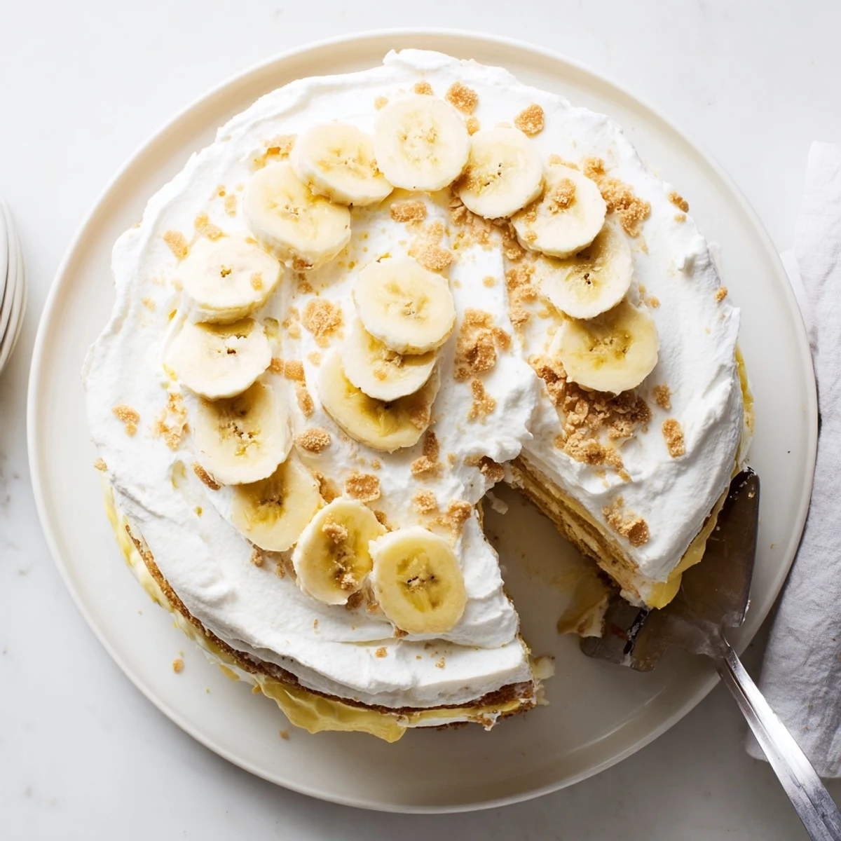 Slice of banana pudding cake recipe revealing pudding-soaked layers decorated with banana rounds and cookie crumbles