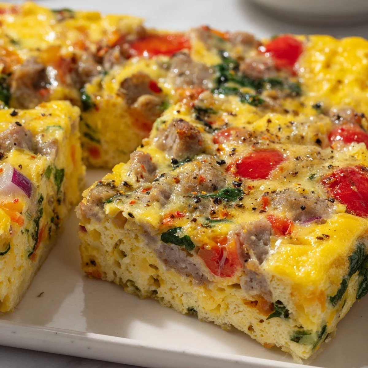 Golden high protein egg casserole featuring melted cheddar, colorful vegetables, and savory turkey sausage slices
