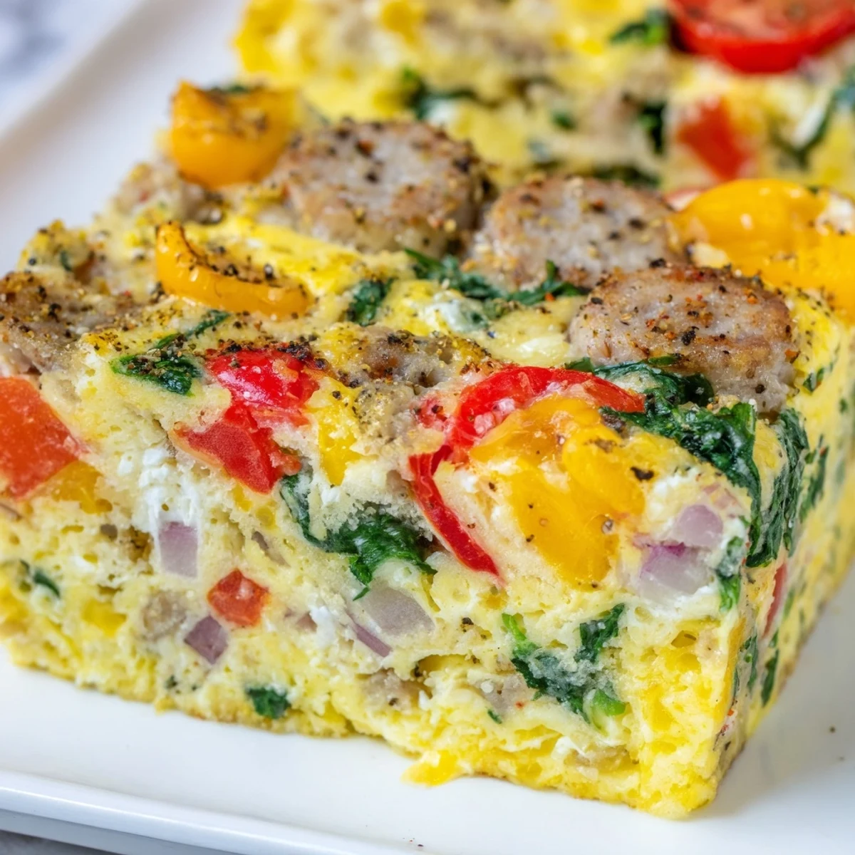 Fluffy high protein egg casserole baked to golden perfection with spinach, peppers, and cherry tomatoes