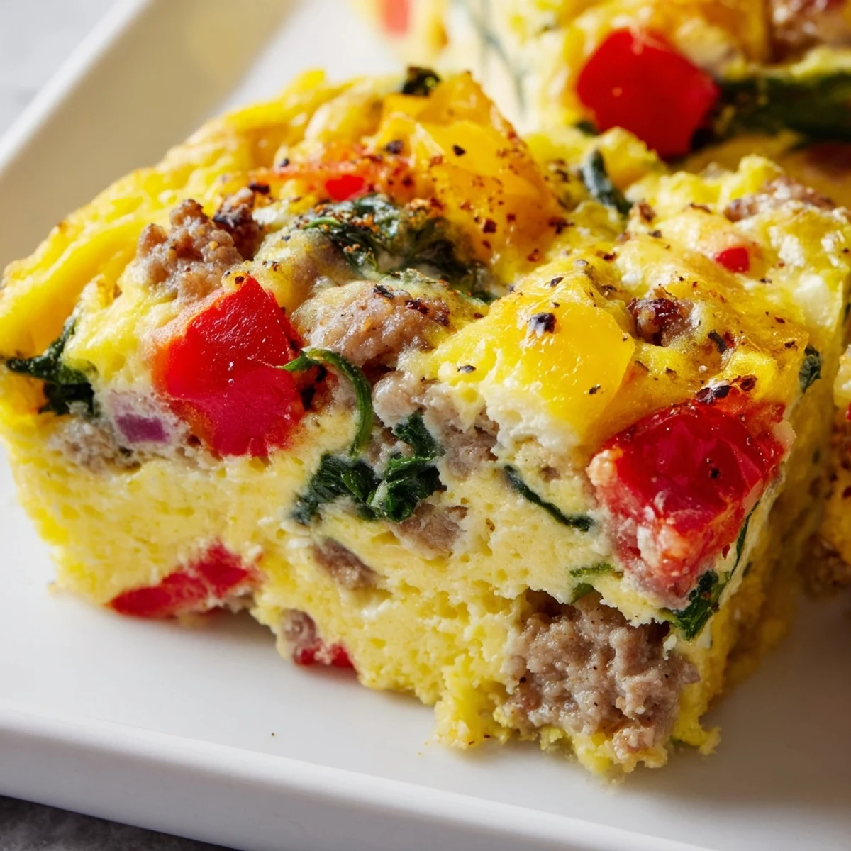 Sliced high protein egg casserole breakfast bake loaded with eggs, cottage cheese, and lean turkey sausage