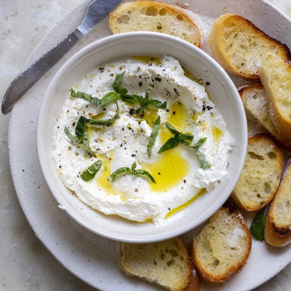 Smooth whipped ricotta appetizer drizzled with honey and cracked black pepper on a rustic wooden board