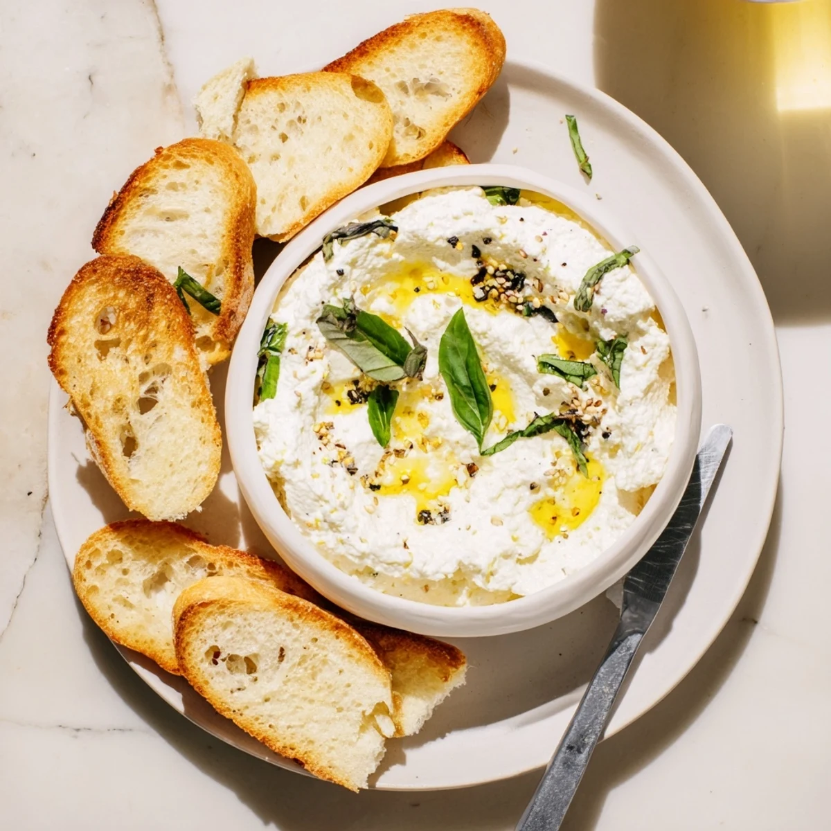 Creamy whipped ricotta topped with fresh herbs and served with crispy toasted bread crostini
